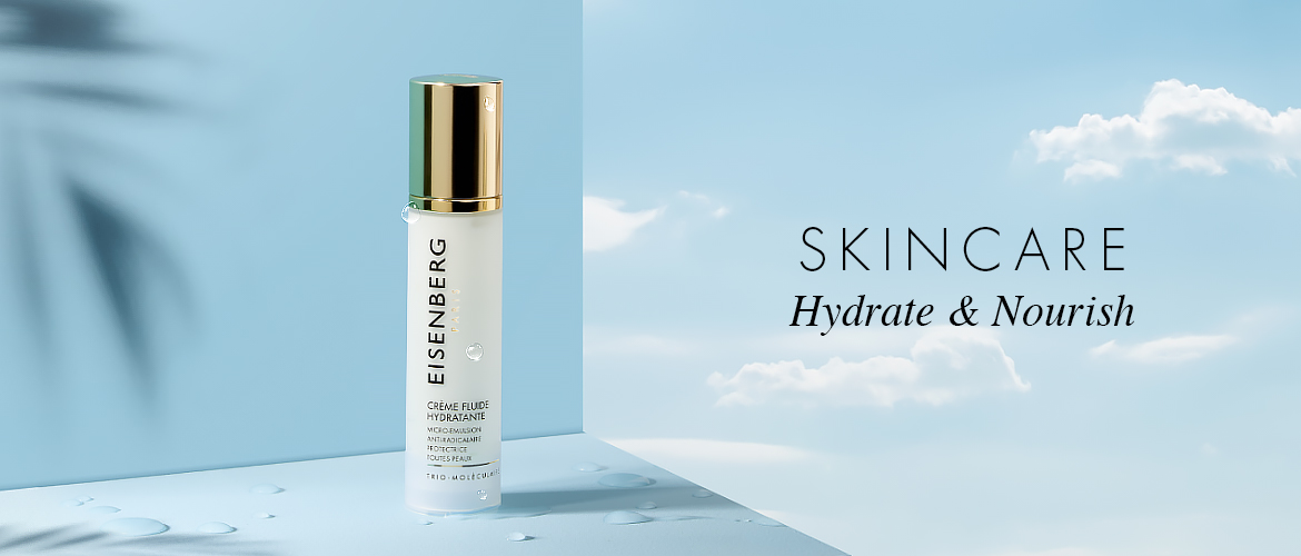 tube of hydrating skincare on a sky-blue background with clouds